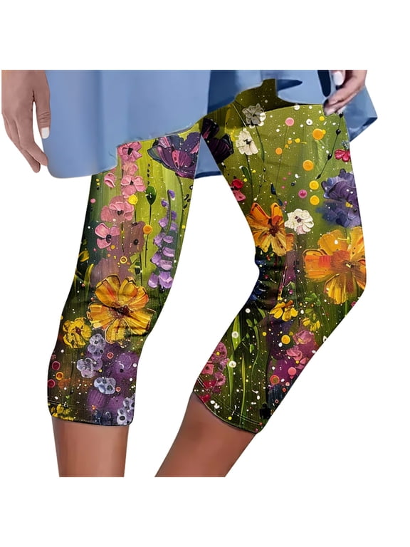 Womens Capri Leggings Elastic High Waist Floral Print Pants Workout Yoga Running Gym Beach Pant Slim Fit (M, Yellow)