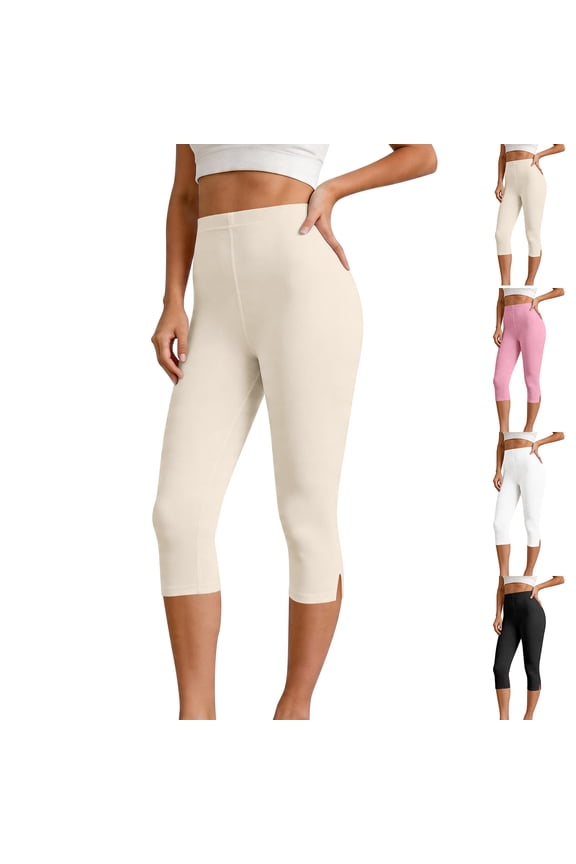 Womens Capri Leggings High Waisted Cropped Yoga Pants Split Hem Tummy Control Athletic Summer Casual Gym Workout Tights, XL
