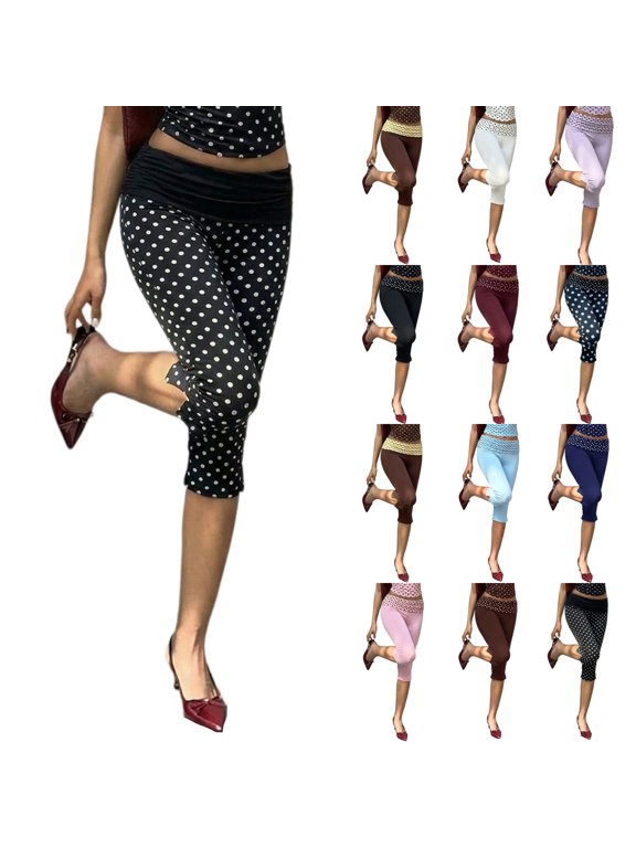Womens Capri Leggings Low Waisted Slim Leg Polka Dots Capris Split Hem Cropped Yoga Pants, M