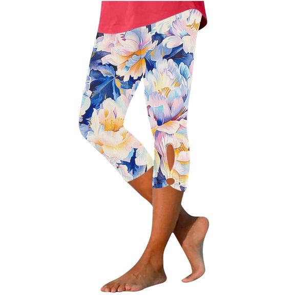 Womens Capri Leggings Print Workout Stretchy Elastic High Waist Capris Pants Comfort Keyhole Bottom Athletic Slimming Tights, Multicolor, L