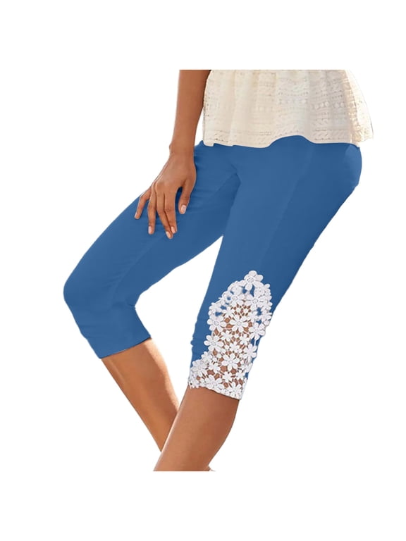Womens Capri Leggings with Floral Lace High Waist Stretch 3/4 Crop Pull on Pants Summer Casual Beach Capris, Blue-A L