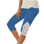 AKOEE Womens Capri Leggings with Floral Lace High Waist Stretch 3/4 Crop Pull on Pants Summer Casual Beach Capris, Blue-A L