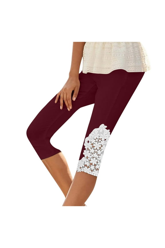 Womens Capri Leggings with Floral Lace High Waist Stretch 3/4 Crop Pull on Pants Summer Casual Beach Capris, Wine Red S