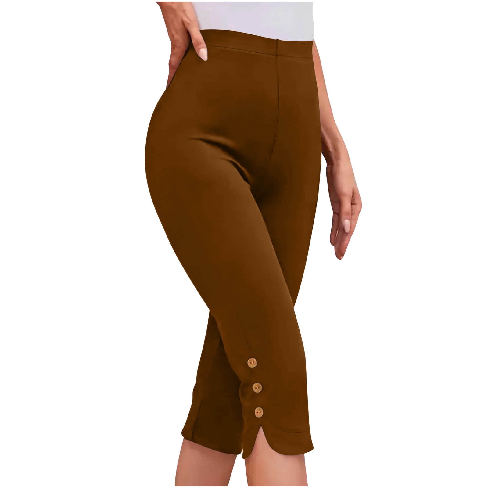 AKOEE Capri Leggings Womens Dressy Casual Capris Side Buttons