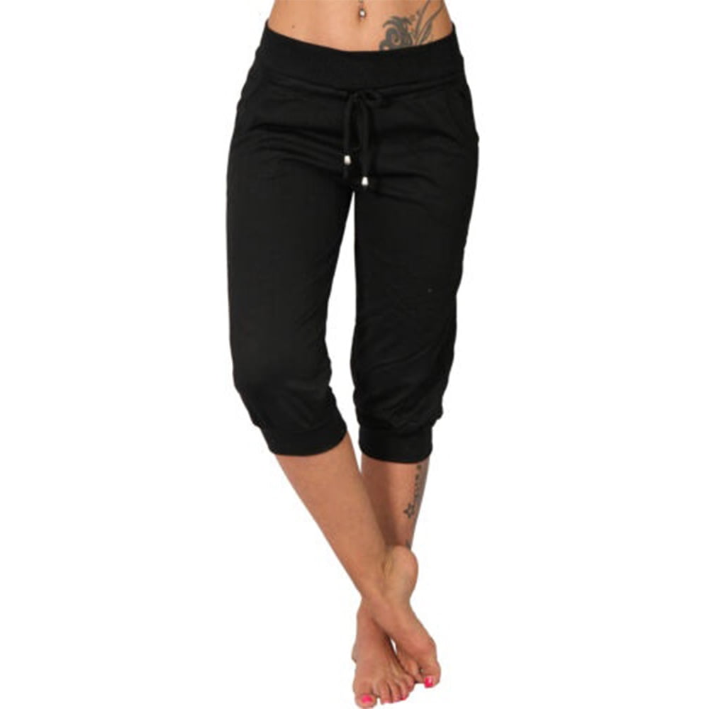 OLIKEME Women's Yoga Capri Pants Loose Drawstring High Waisted Sweatpants  Lounge Pants Running Gym Short Pants with Pockets