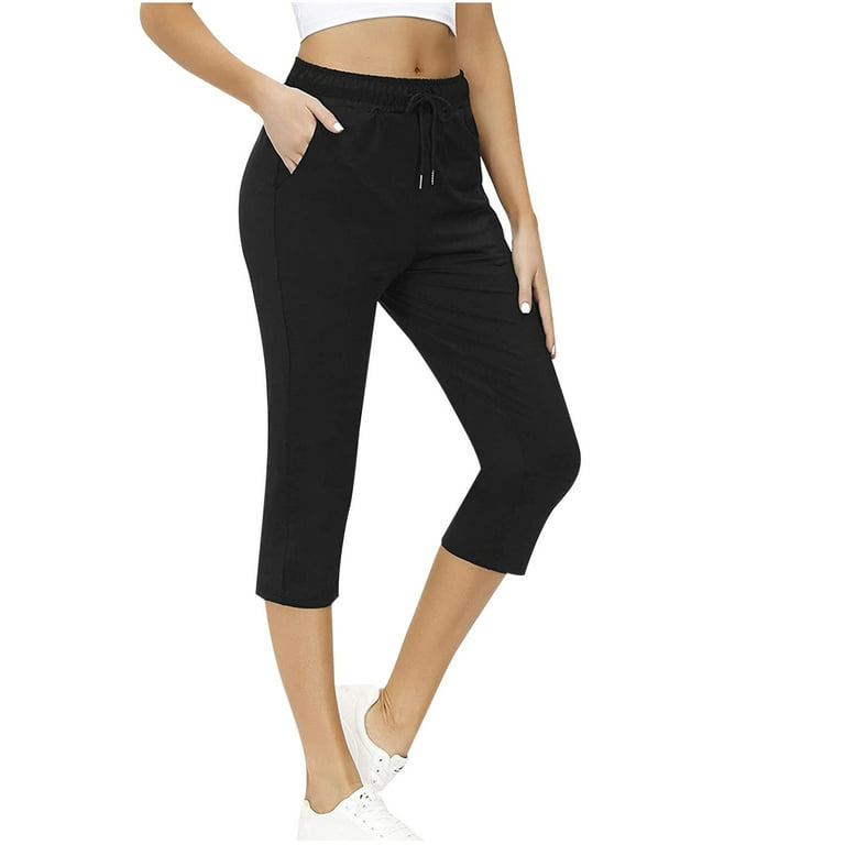 Womens Capri Lounge Pants Elastic High Waisted Drawstring Slacks Capris  Summer Casual Solid Color 3/4 Pants (X-Large, Black) 