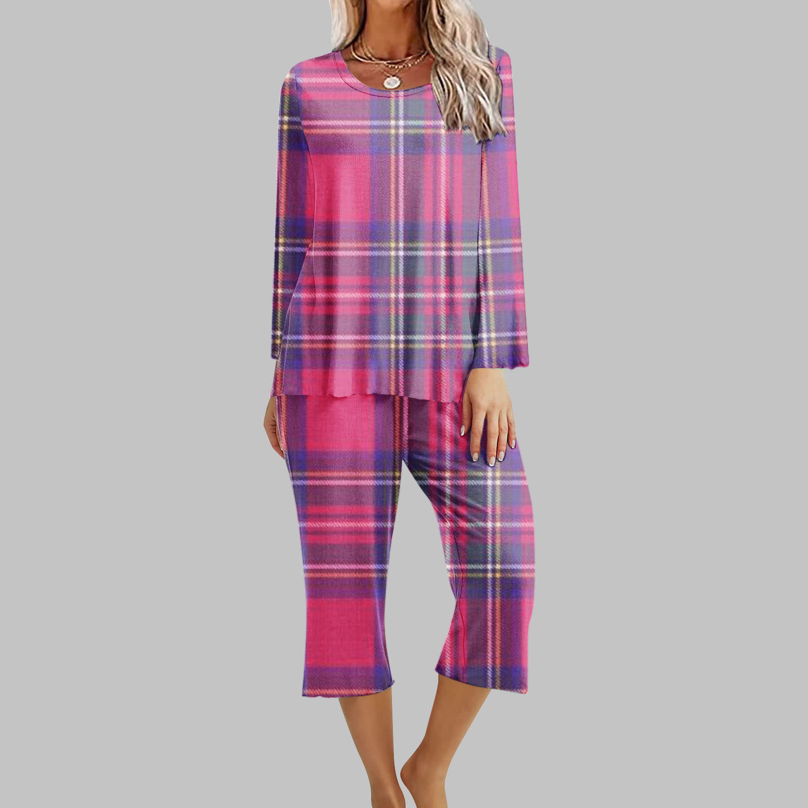 Womens Capri Pajama Sets with Pockets,Women's Plaid Printed Crewneck Pajamas Sets Holiday Casual