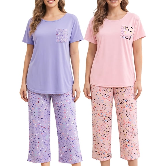 Womens Capri Pajama Sets Short Sleeve Top and Capri PJ Pant Sleepwear Sets Size 2XL