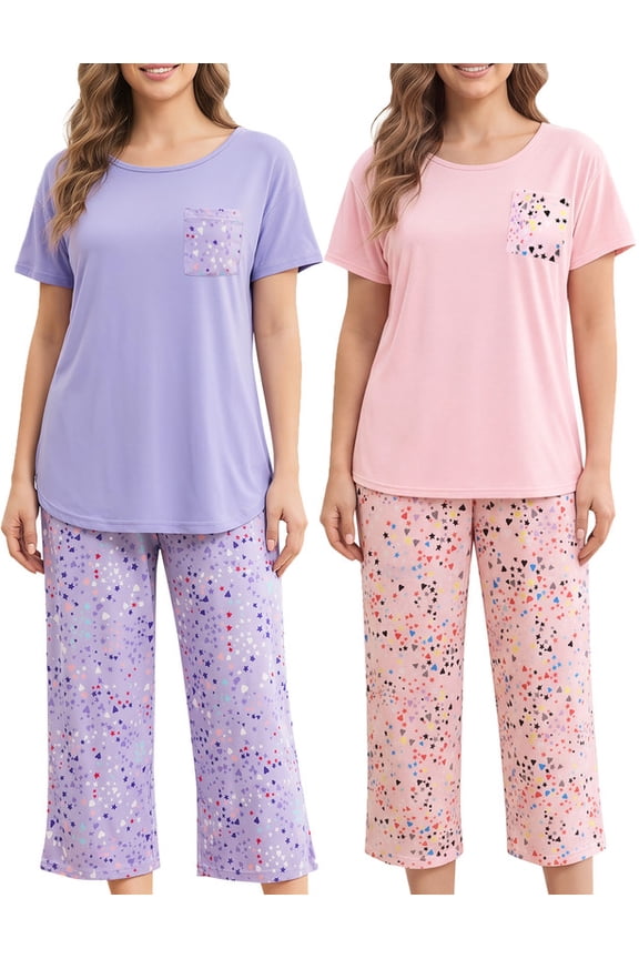 Womens Capri Pajama Sets Short Sleeve Top and Capri PJ Pant Sleepwear Sets Size XL