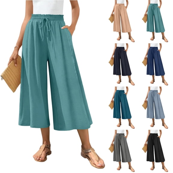 Womens Capri Pant Dressy Casual Wide Leg Palazzo Pants Flowy Gaucho Pants Drawstring Trousers with Pockets Turquoise S