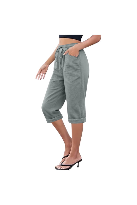 Womens Capri Pants 2026 Cotton Knee Length Lightwight Capris Elastic Waist Summer Straight Leg Trousers Loose Roll Up Hem Beach Bermuda Shorts with Pockets