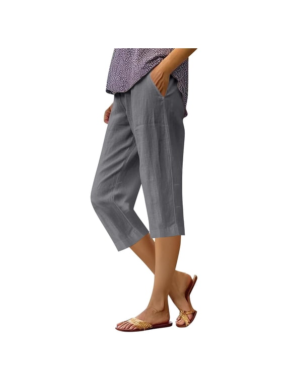 Womens Capri Pants 2026 Knee Length Cotton Linen Capris Summer Straight Leg Loose Beach Bermuda Shorts with Pockets Gray M