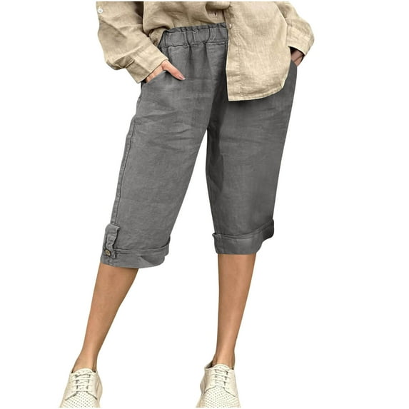 Womens Capri Pants 2026 Knee Length Cotton Linen Capris Summer Straight Leg Loose Beach Bermuda Shorts with Pockets Solid Color Capris,Gray,XL