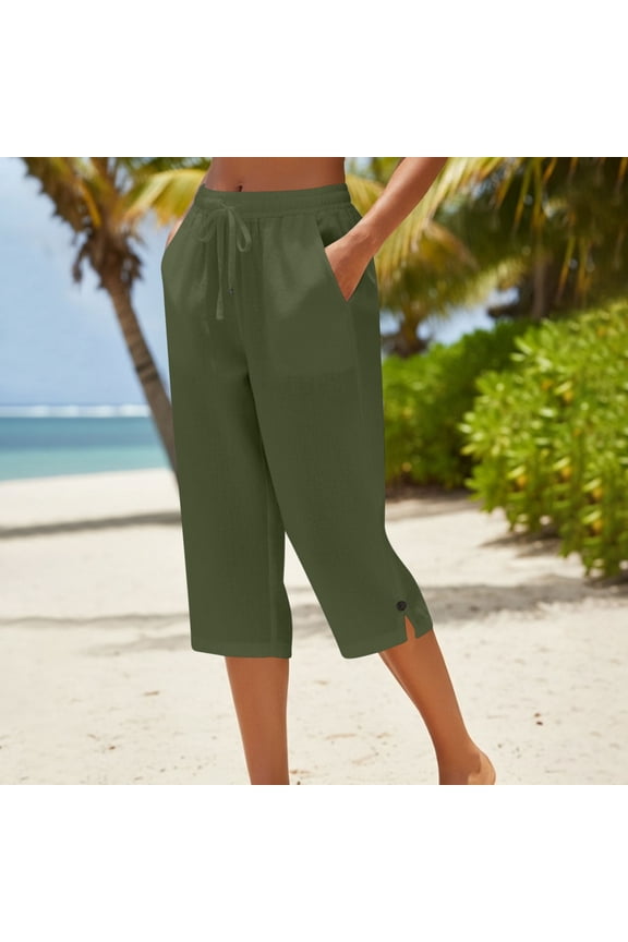 Womens Capri Pants 2026 Summer Casual Cotton Linen Capris High Waisted Elastic Drawstring Cropped Pants with Pockets Army Green XL