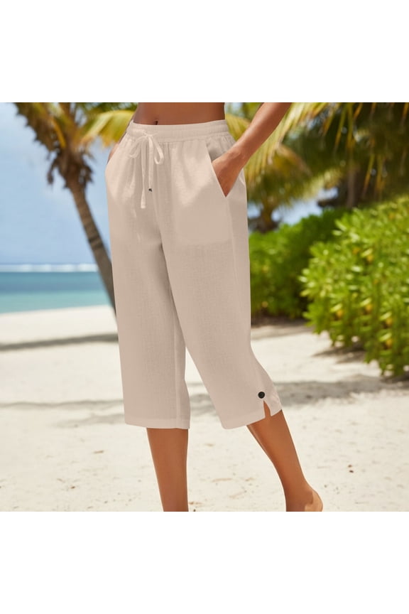 Womens Capri Pants 2026 Summer Casual Cotton Linen Capris High Waisted Elastic Drawstring Cropped Pants with Pockets Beige XL