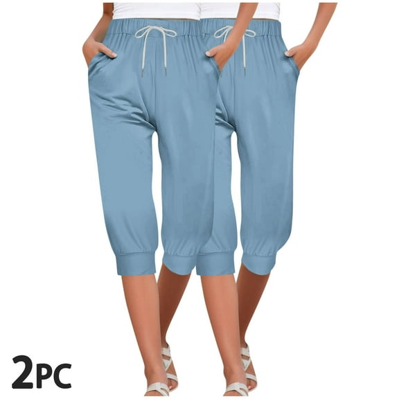 Womens Capri Pants Athletic 2 Pack Stretch Capris Joggers With Pockets Drawstring Soft Elastic Waist Running Petite Capri Sweatpants Pull On Capri Lounge Pants Solid Yoga Capris Summer Sky Blue