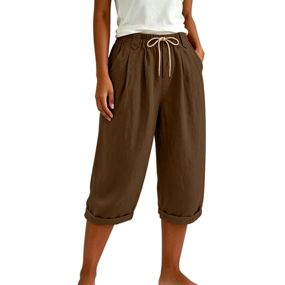 Womens Capri Pants,Capri Pants for Women Solid Color Casual Summer Elastic High Waist Wide Leg Loose Drawstring Cropped Trousers