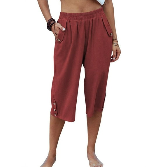 Womens Capri Pants Casual Cropped Pants Elastic Waist Summer Trousers 3/4 Length Pants with Pockets