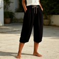 thumbnail image 1 of Womens Capri Pants Casual Multi‑Color Elastic Waist Cotton Linen Wide Leg Pants Black, 1 of 3
