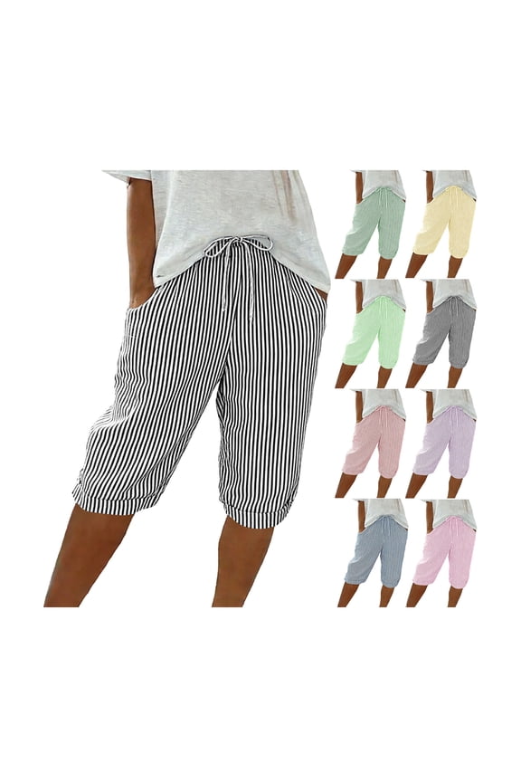 Womens Capri Pants Casual Striped Knee Length Capris Summer Elastic Waist Wide Leg Beach Shorts with Pockets