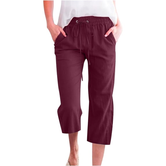 Womens Capri Pants Casual Summer 2024 Drawstring Comfy Linen Straight Capris with Pockets Beach Wide Leg Cropped Trousers