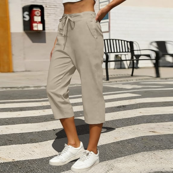Womens Capri Pants Cotton Linen Drawstring Elastic Waist Cropped Trouser Solid Color Loose Straight Long Shorts with Pockets for Daliy Wear