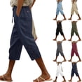 thumbnail image 1 of Womens Capri Pants Drawstring Elastic Waist Summer Casual Side Hollow Out Lace Bottom Linen Capris with Pockets, 1 of 5