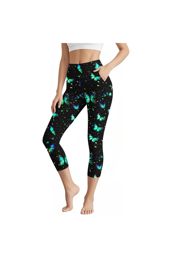Womens Capri Pants Dressy Casual Butterfly Print Leggings High Waisted Yoga Workout Pants Lightweight Leggings for Summer Capri