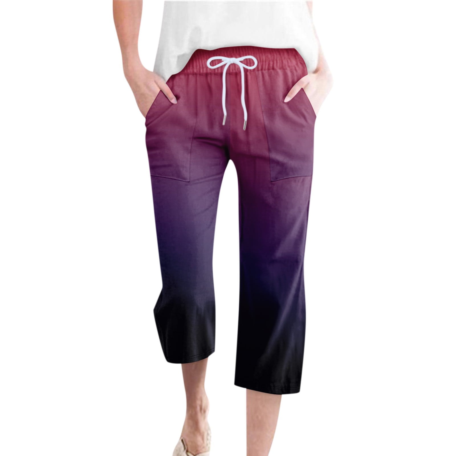 Womens Capri Pants Dressy Casual Cropped Wide Leg Harem Pants Elastic