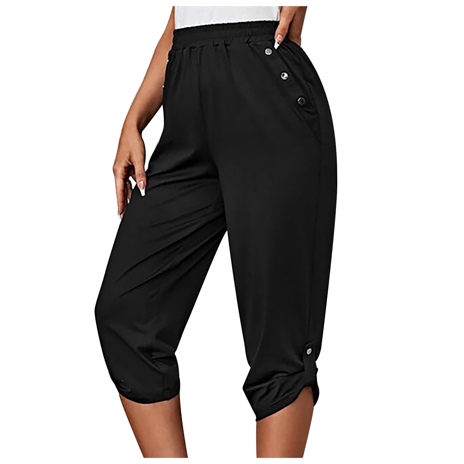 Womens Capri Pants Elastic High Waist Buttons Down Trendy Trousers
