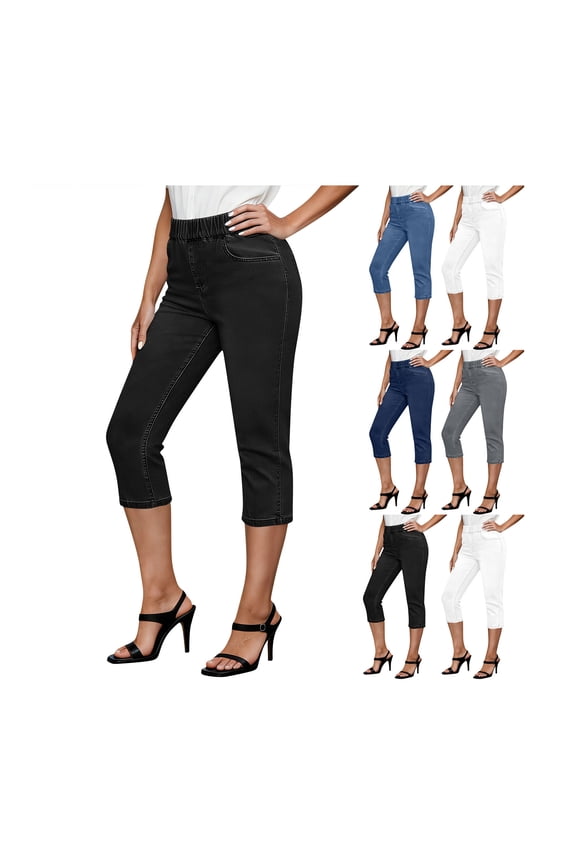Womens Capri Pants Elastic High Waist Fitted Denim Capris Stretchy Straight Leg Slim Fit Jean Pants with Pockets