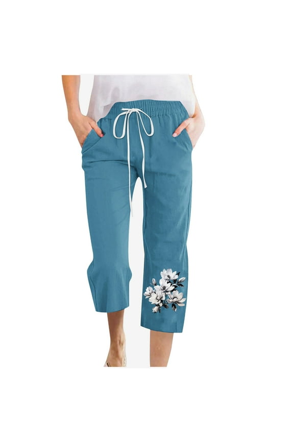 Womens Capri Pants Elegant Floral Print Straight Leg Pants Drawstring Elastic Waist Trousers Casual Capris Summer Fashion Bottoms