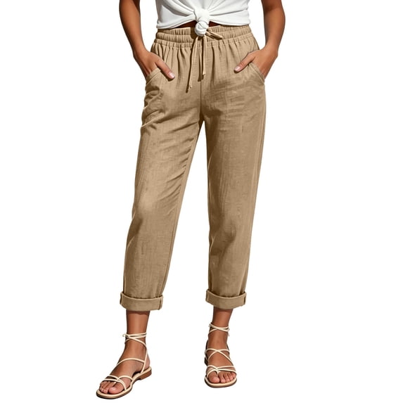Womens Capri Pants Fashion Elastic Waist Solid Cotton Linen Casual Pants for Women Coffee