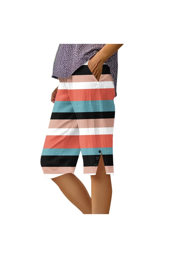 Womens Capri Pants Fashion Printed Elastic Waist Split Hem Capris High Waisted Wide Leg Crop Trousers with Pocket Orange Large