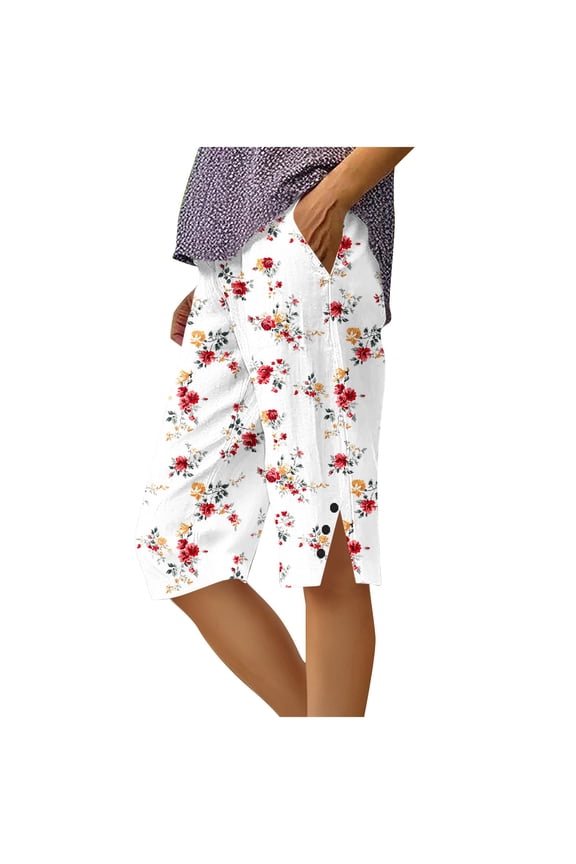 Womens Capri Pants Fashion Printed Elastic Waist Split Hem Capris High Waisted Wide Leg Crop Trousers with Pocket White Floral Large
