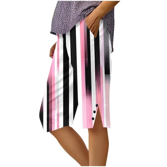 Womens Capri Pants Fashion Printed Elastic Waist Split Hem Capris High Waisted Wide Leg Crop Trousers with Pocket White Striped Medium