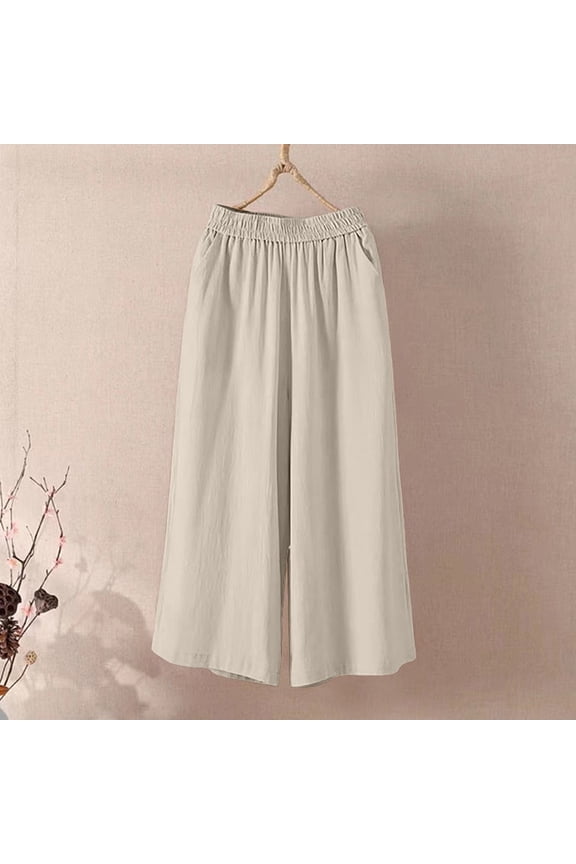 Womens Capri Pants Gaucho Wide Leg Linen High Waisted Cotton Beach Palazzo Pants with Pockets Gray L