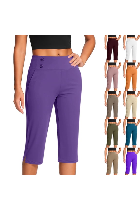 Womens Capri Pants High Waisted Stretchy Crop Athletic Office Work Pants Tummy Control Yoga Dress Pant with Pockets(Purple,L)