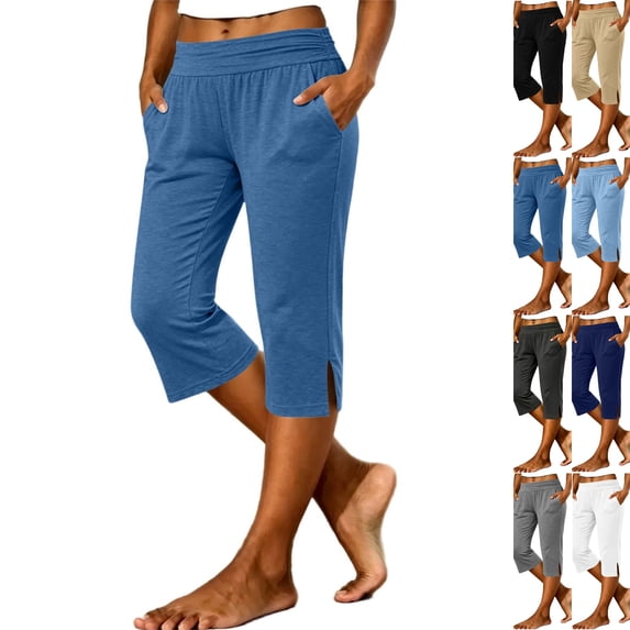 Womens Capri Pants High Waisted Wide Leg Cropped Capris Casual Loose Fit Summer Lounge Pant with Pockets Yoga Solid Blue M