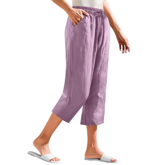 Womens Capri Pants High Waisted Wide Leg Linen Palazzo Trousers Solid Color Elastic Smock Waist Loose Flowy Pants