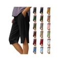 thumbnail image 1 of Womens Capri Pants Knee Length Cotton Linen Pants Elastic Waisted Side Split Bermuda Shorts with Pockets, 1 of 9