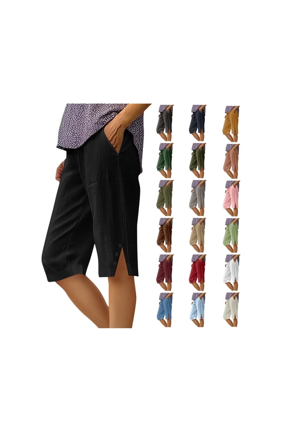 Womens Capri Pants Knee Length Cotton Linen Pants Elastic Waisted Side Split Bermuda Shorts with Pockets
