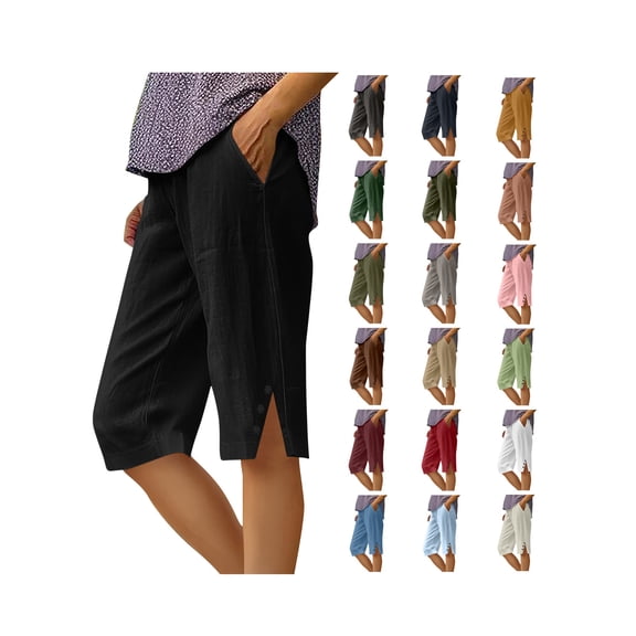 Womens Capri Pants Knee Length Cotton Linen Pants Elastic Waisted Side Split Bermuda Shorts with Pockets