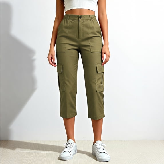 Womens Capri Pants Lightweight Loose Straight Multi‑Pocket Cropped Hiking Pants Green
