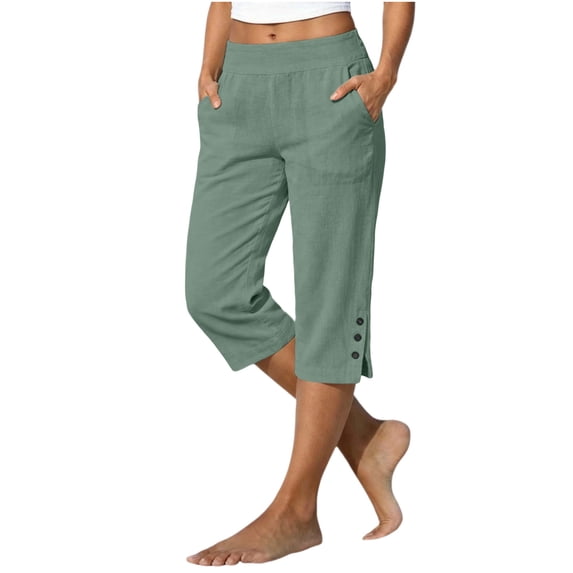 Womens Capri Pants Lightweight Straight Leg Summer Casual Cropped Pants Pull On Beach Trousers with Pockets & Button Decor,Mint Green,XXL