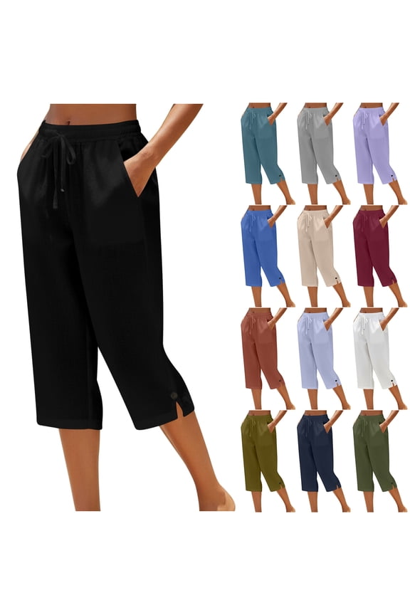 Womens Capri Pants Loose Fit Straight Leg Elastic Drawstring Waist Cropped Pants with Pockets for Summer Beach Vacation