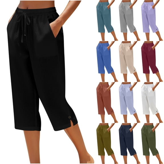 Womens Capri Pants Loose Fit Straight Leg Elastic Drawstring Waist Cropped Pants with Pockets for Summer Beach Vacation