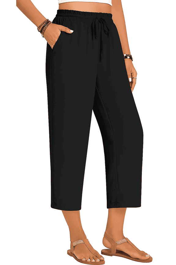 Womens Capri Yoga Wide Leg Pant Sweatpants Palazzo Leggings Lounge Workout Cropped Work Loose High Waisted Drawstring Pajama with Pockets Summer Fall Lightweight Thin Black