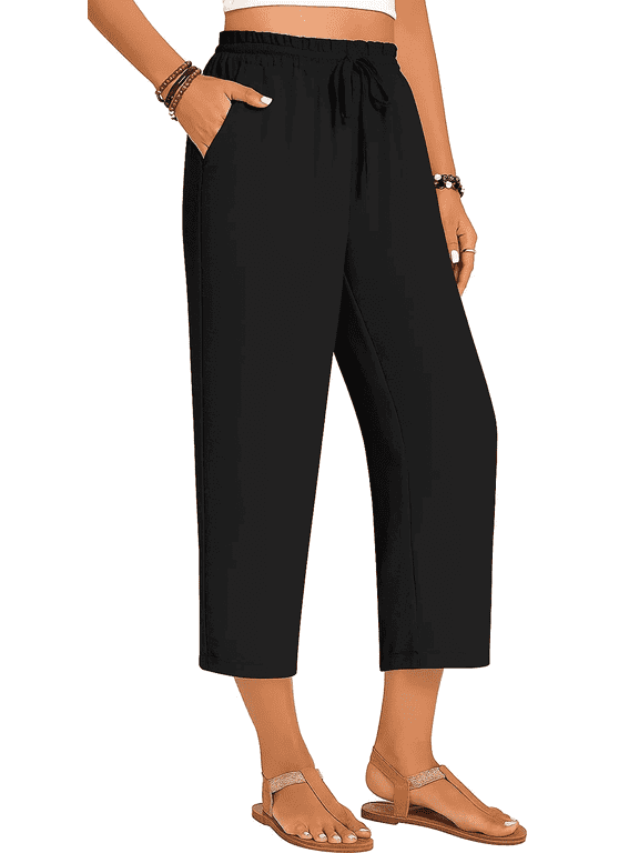 Womens Capri Yoga Wide Leg Pant Sweatpants Palazzo Leggings Lounge Workout Cropped Work Loose High Waisted Drawstring Pajama with Pockets Summer Fall Lightweight Thin Black