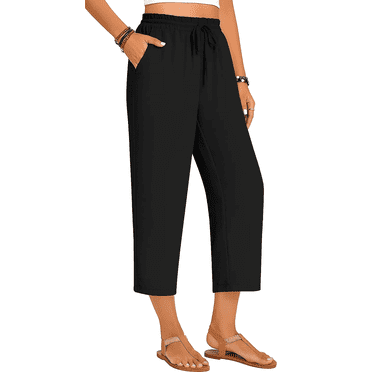 Womens Capri Yoga Wide Leg Pant Sweatpants Palazzo Lounge Workout Cropped Work Loose High Waisted Drawstring Pajama with Pockets Leggings Summer Lightweight Thin Black